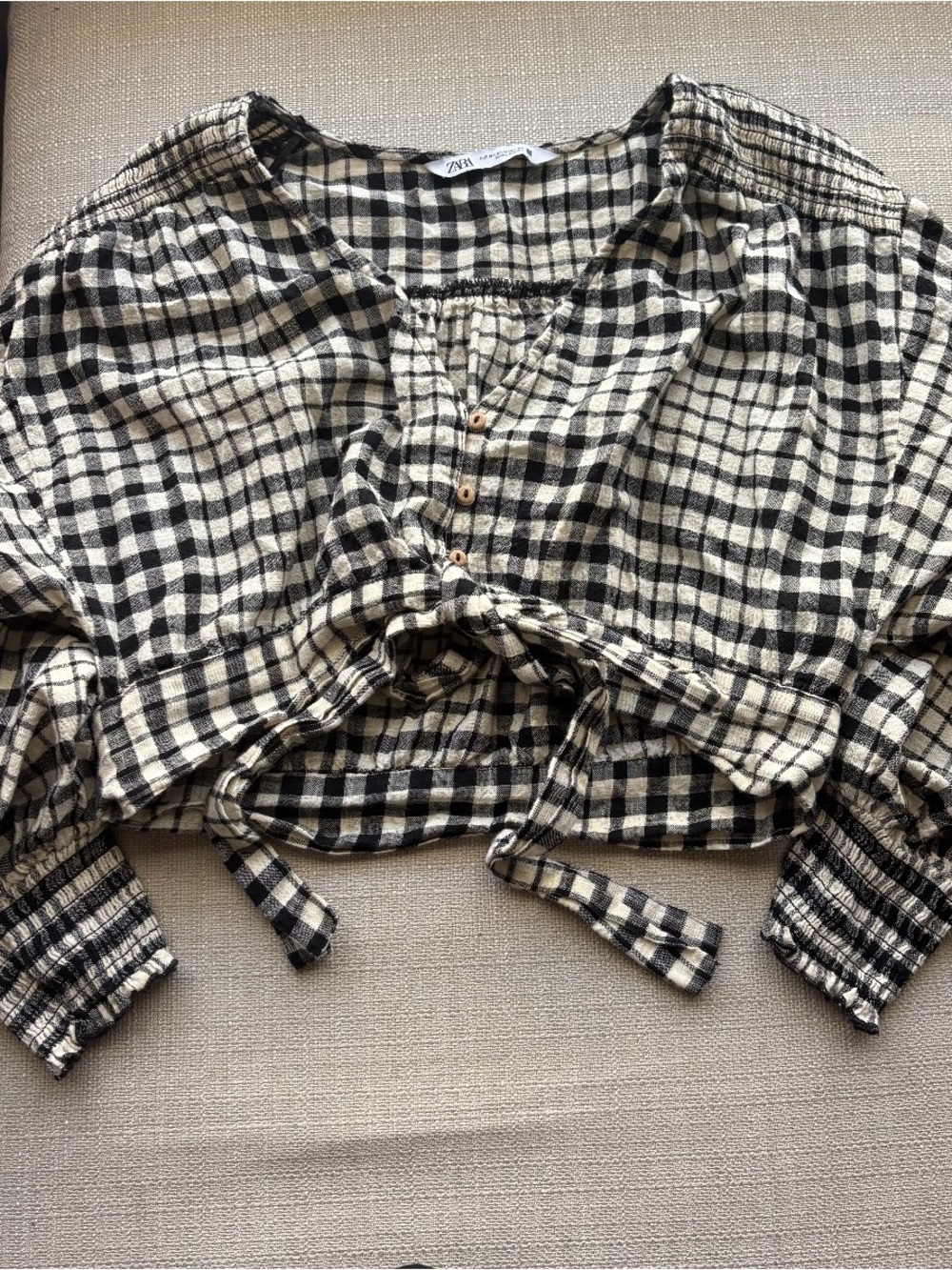 Zara Black & Cream Plaid Tie-Front Peasant Top